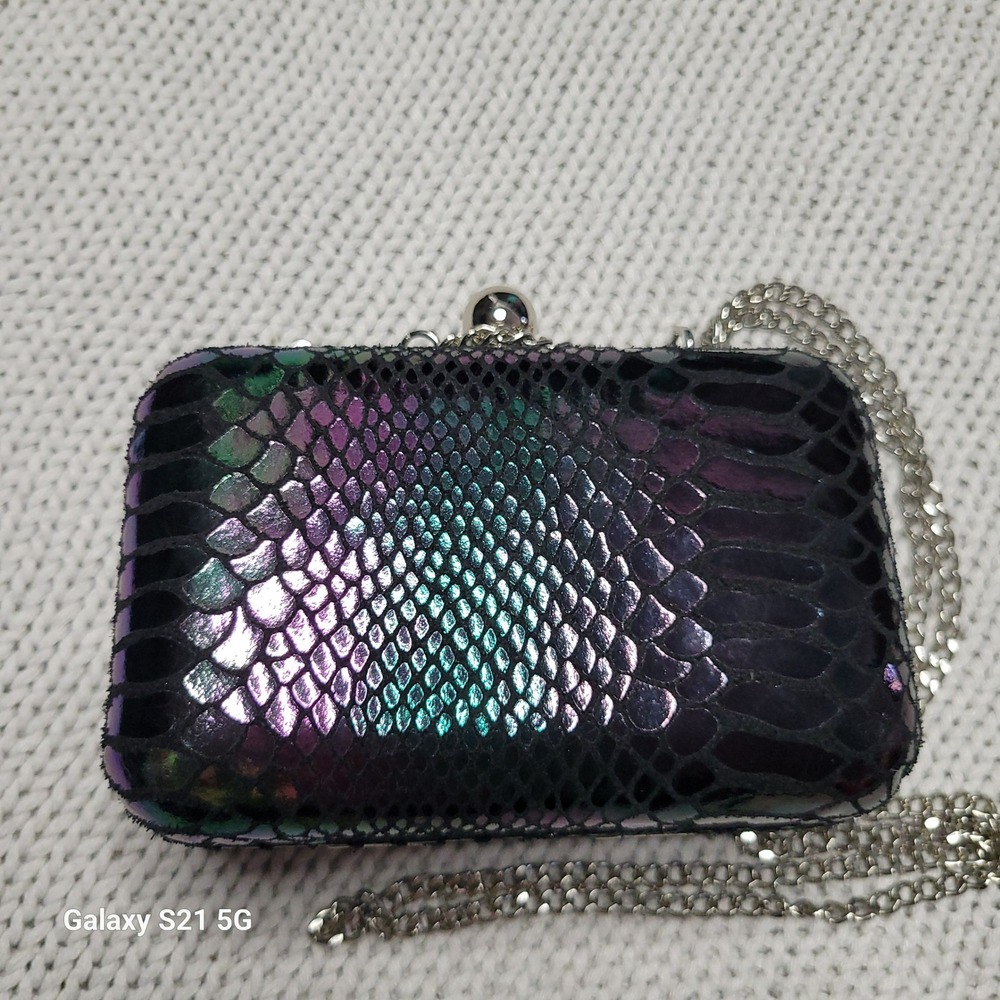 Lodis Palm Springs Iridescent Snakeskin Look Box Clutch Oil Slick Crossbody - Picture 3 of 11
